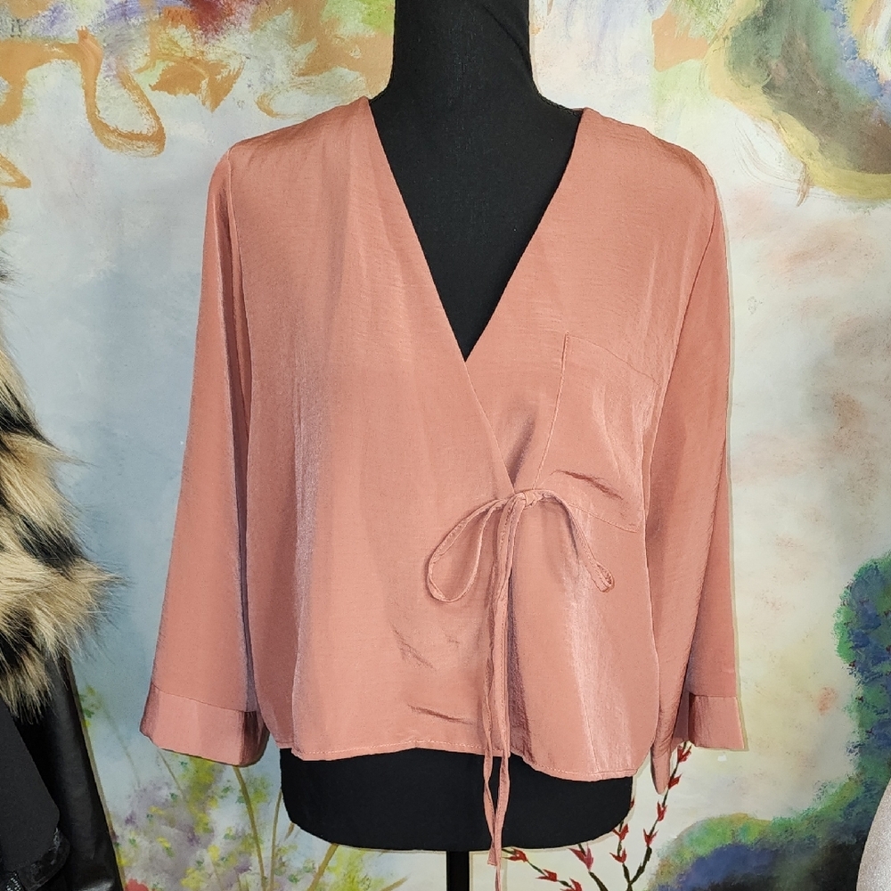 Topshop Pink 3/4 Sleeve Wrap Blouse with Tie Front
